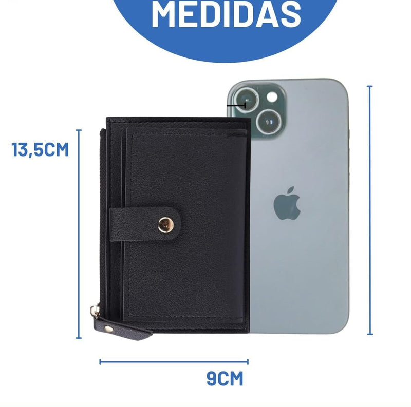 Carteira Feminina Slim Luxo em Couro PU Porta Cartão com Zíper, Compacta, 6 Compartimentos, Porta Moedas – Pequena, Prática e Segura