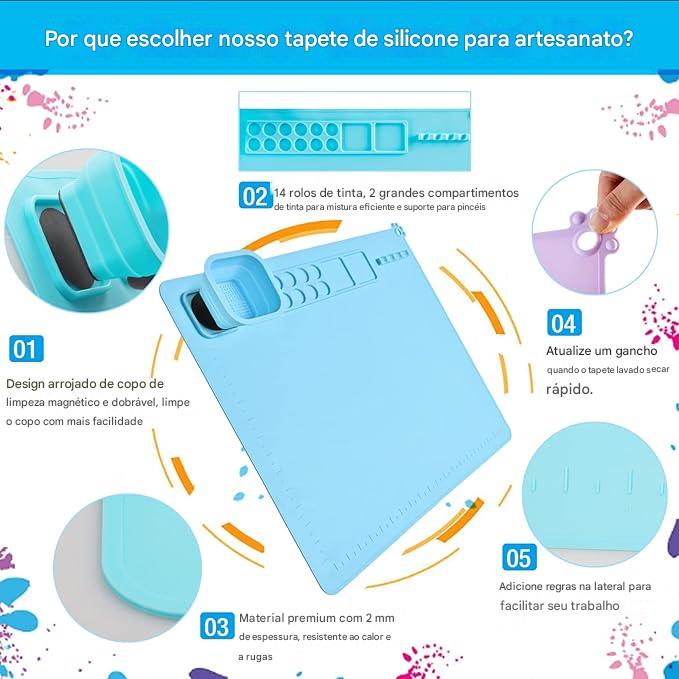 Kit Pintura - Tapete de Silicone + Pinceis + Limpador de Pinceis
